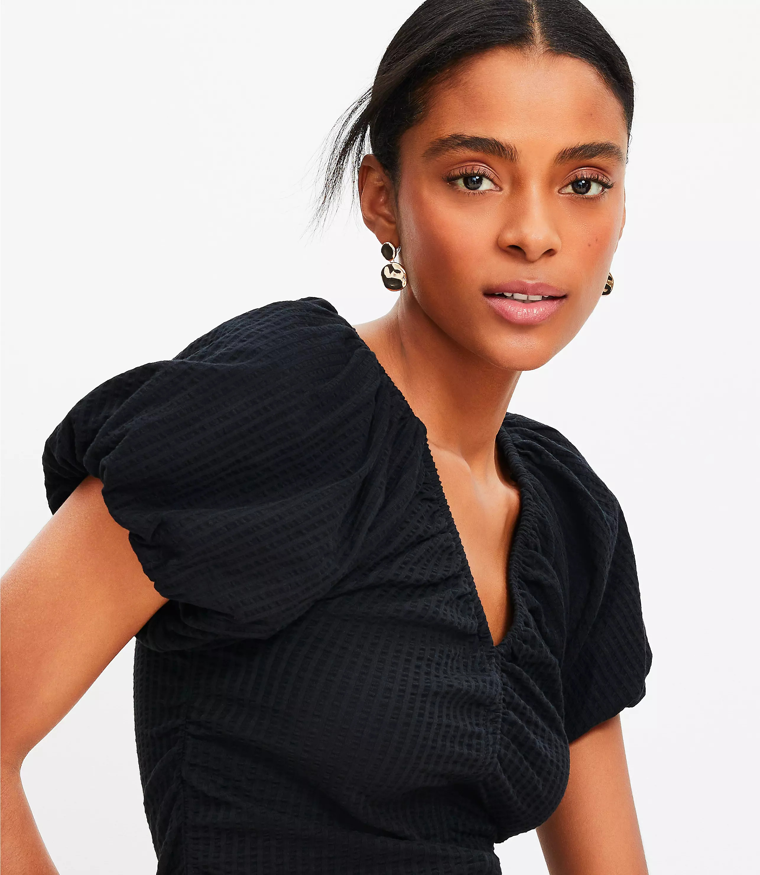 Seersucker Cinched Bubble Sleeve Top | LOFT