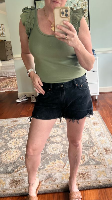 Casual summer top and shorts. Hot weather outfit of the day. Ruffle top and cut off jeans. Love this beach hat. Wear it everywhere. Easy sun hat for anyone protecting their skin from a bun. 

#LTKSeasonal #LTKOver40 #LTKMidsize