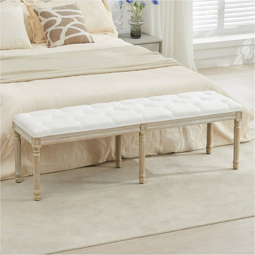 LOULENS 57.7" Linen Fabric End of Bed Bench King Size, French Upholstered Tufted Bench with Carve... | Amazon (US)