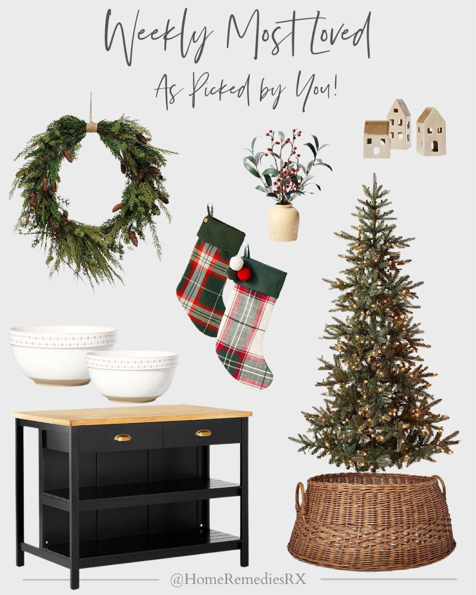 Weekly most loved - as picked by you! Designer look holiday wreath with jute hanger, Hearth & Hand plaid stocking, Studio McGee Winterberry floral arrangement in terracotta vase, wooden holiday houses set of three, kitchen island work station, pre-lit artificial pine Christmas tree, Magnolia embossed stoneware serving bowl, rattan woven tree cuff, tree collar, tree skirt

#LTKHoliday #LTKhome #LTKSeasonal