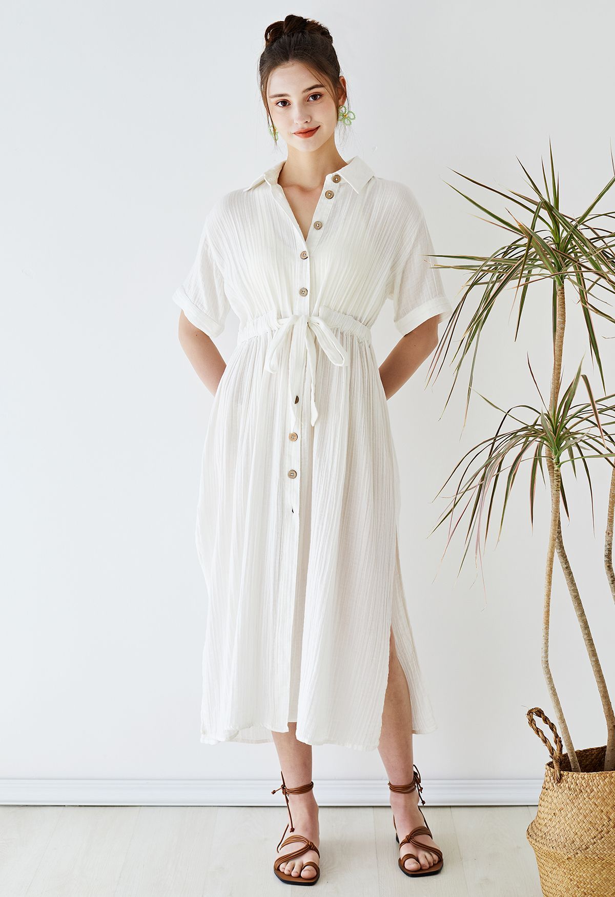 Sunshine Fun Time Button Front Shirt Dress in Ivory | Chicwish