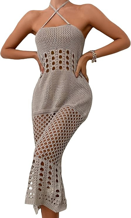 SheIn Women's Crochet Criss Cross Hollow Out Cover Up Dress Knitted Tie Halter Beach Dresses | Amazon (US)