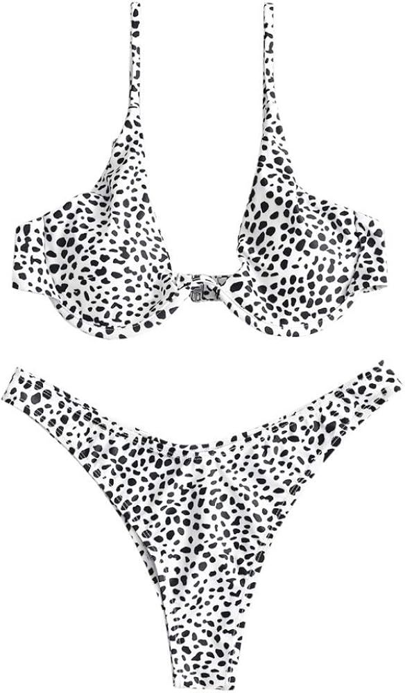 Women's Leopard Underwire Bikini Swimsuit Two Piece Plunging Bikini Set High Cut Swimwear | Amazon (US)