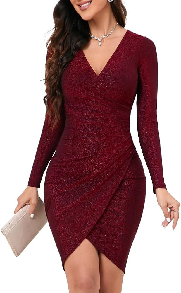 IHOT Women's Glitter Party Dresses Sexy V Neck Long Sleeve Faux Wrap Ruched Bodycon Sparkly Night... | Amazon (US)