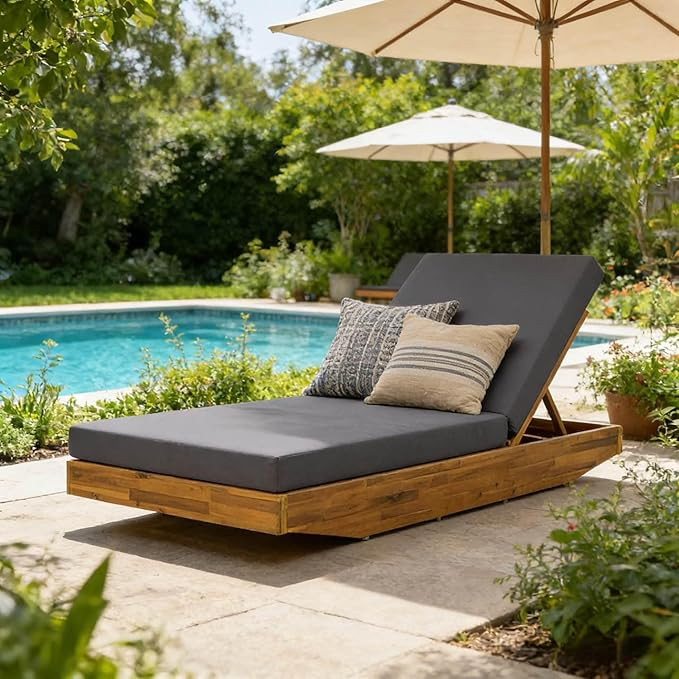 Acacia Wood Chaise Lounge with Cushion - Teak Finish Outdoor Recliner with Dark Gray Water-Repell... | Amazon (US)