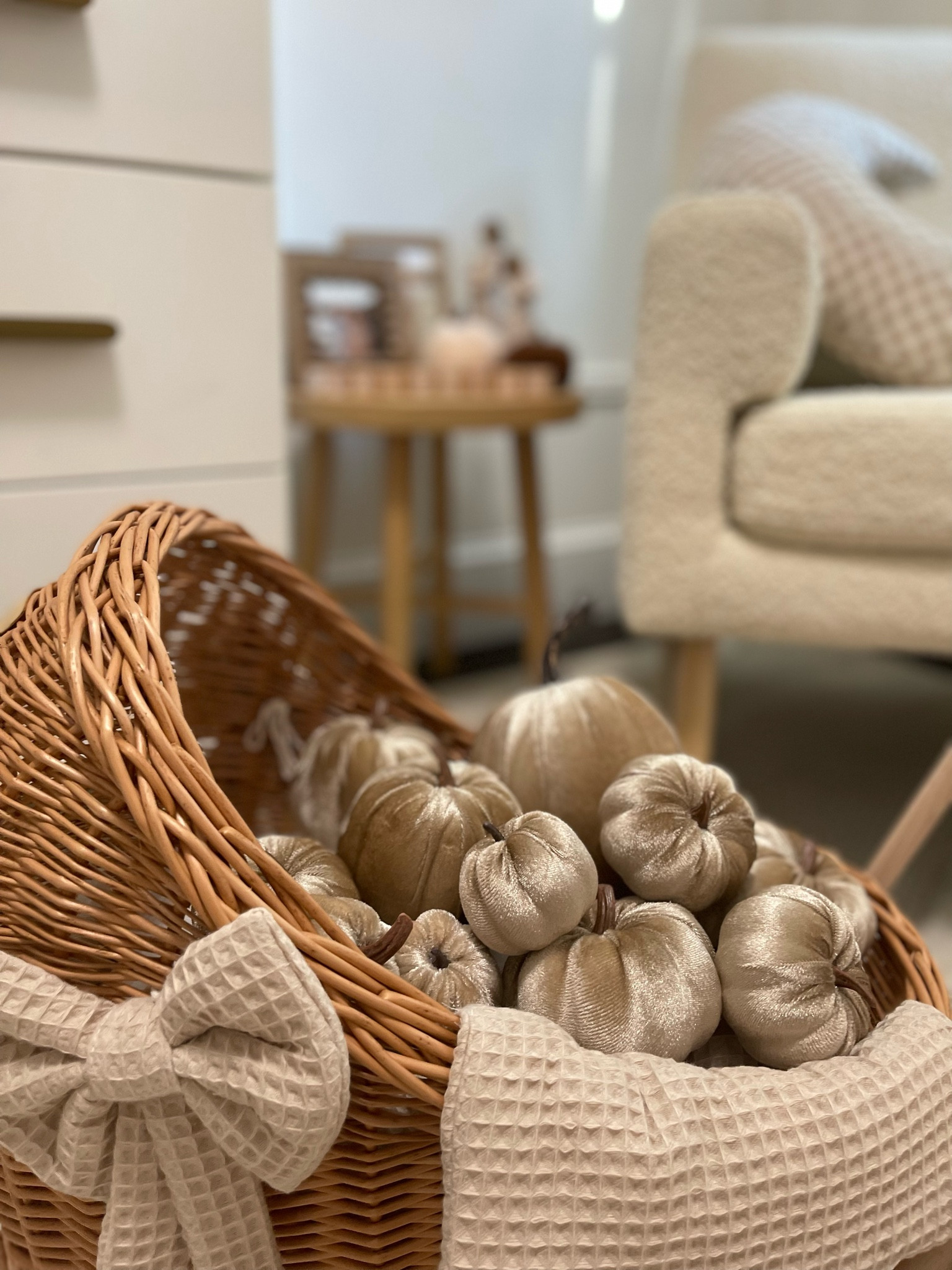 Neutral nursery fall decor baby girl velvet pumpkins doll pram wicker boucle rocker 

#LTKSeasonal #LTKbaby #LTKfamily