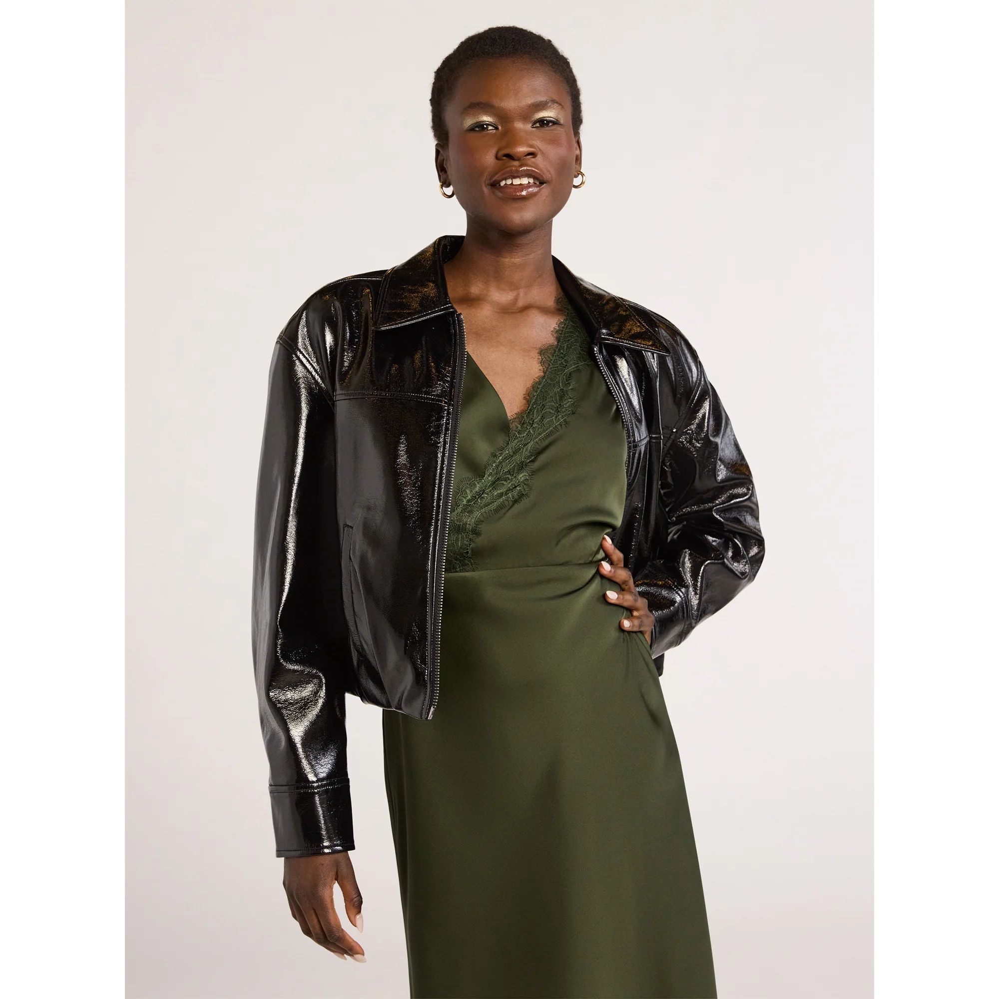 Scoop Women’s Crinkle Faux Patent Leather Cropped Bomber Jacket, Sizes XS-XXL | Walmart (US)