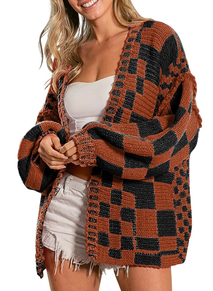 SELINK Women's Cardigan Sweater Vintage Open Front Mixed Checkered Pattern Chunky Knit Plaid Long... | Amazon (US)