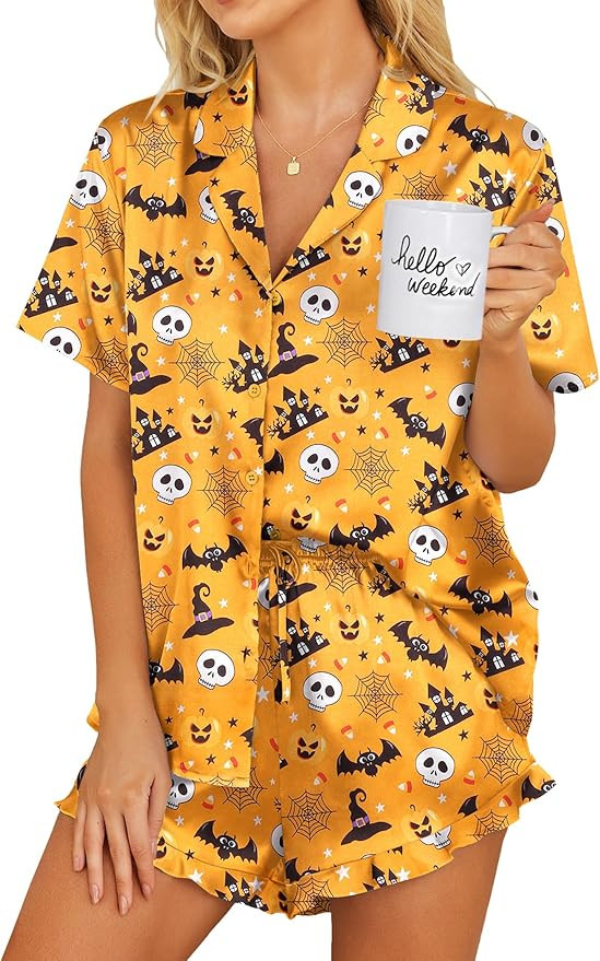 Ekouaer Womens Satin Pajamas Set Button Down 2 Piece Silk Pjs Shorts Set Ruffle Lingerie Notch Co... | Amazon (US)