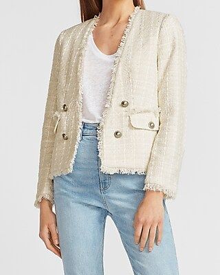 Double Breasted Collarless Tweed Long Sleeve Blazer | Express