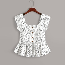 Plus Heart Print Button Front Ruffle Trim Peplum Blouse | SHEIN
