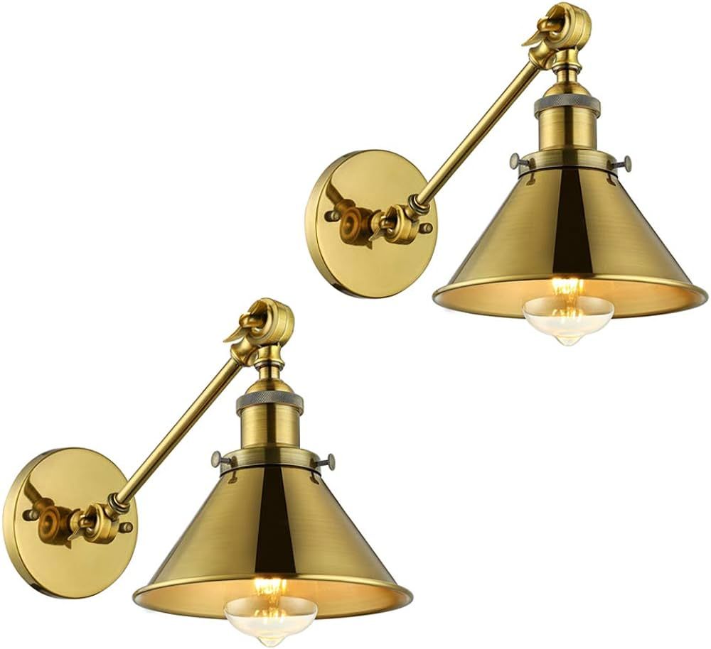 LITFAD 2 Pack Swing Arm Wall Light Adjustable Brass Finish Wall Sconce 7" Industrial Vintage Wall... | Amazon (US)