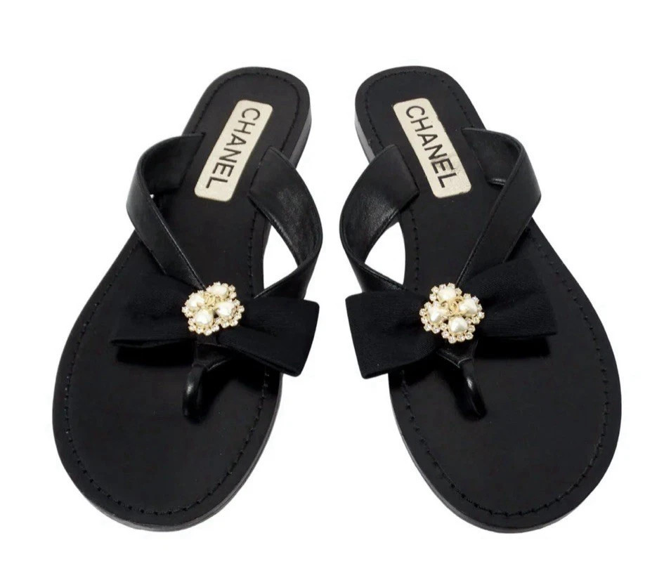 Chanel Leather Black Thong Bow and pearl Accent Sandals Size 37.5 | eBay US