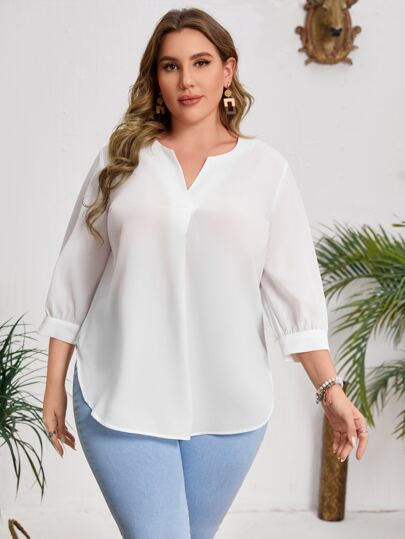 SHEIN Plus Notched Neck Curved Hem Top | SHEIN