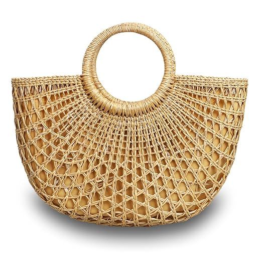 Hogoo Womens Straw Beach Bag Natural Retro Hand Woven Tote Handbags for Summer with Round Handle ... | Amazon (US)