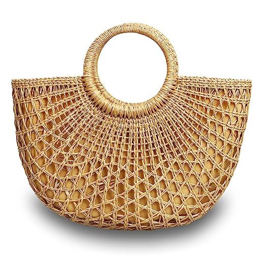 Hogoo Womens Straw Beach Bag Natural Retro Hand Woven Tote Handbags for Summer with Round Handle ... | Amazon (US)