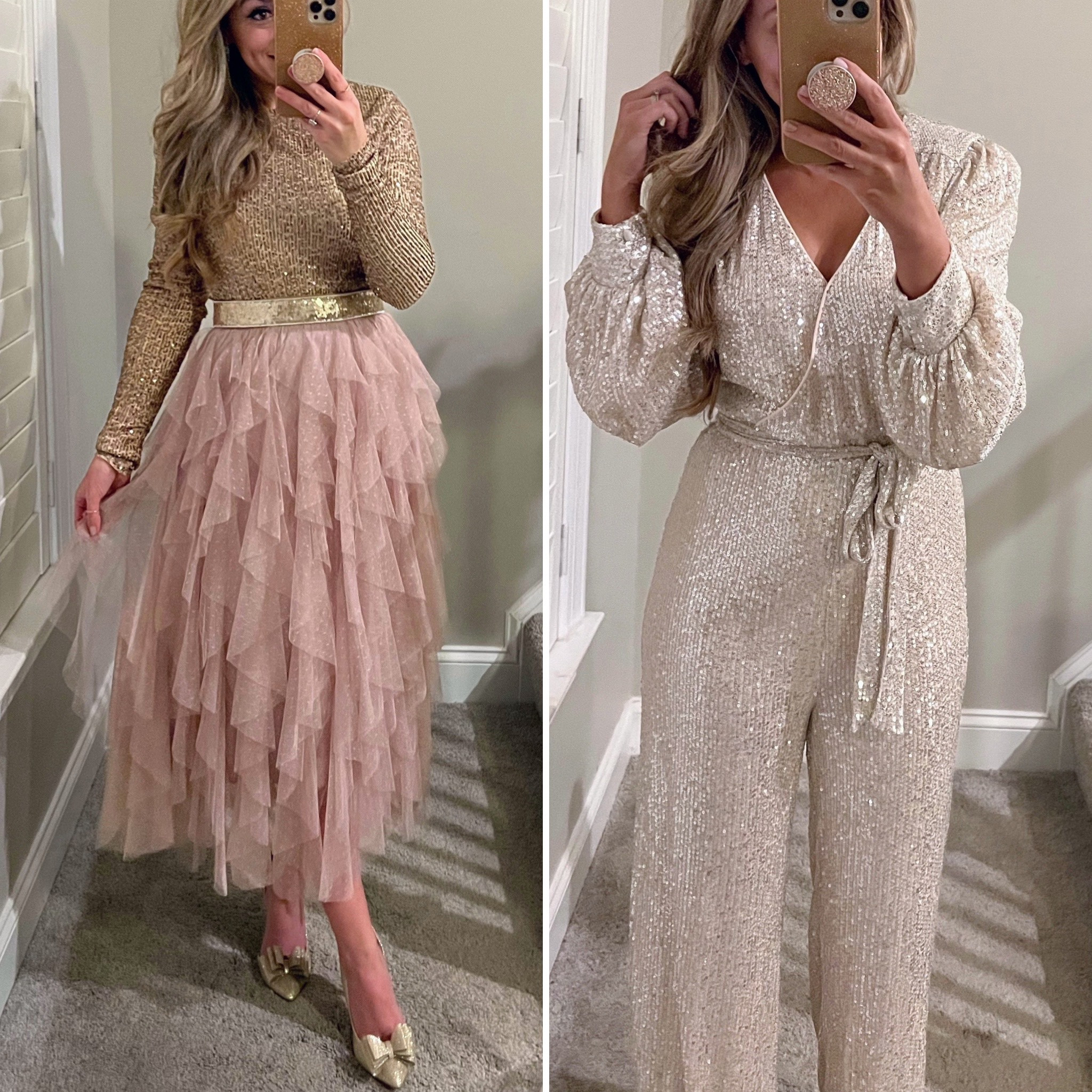 The sequin jumpsuit is fully lined (not itchy at all) wearing size small for reference. The tulle skirt is the softest ever, available in regular and petite. I’m wearing size XS petite (I’m 5’3”) Top from last year has been fully restocked in multiple colors! I’m wearing size XS for reference.  The belt I bought for my daughter😆 (it was way too big for her) it’s stretches to waist size 30! And it hides the tulle skirts’s elastic waistband. 

Holiday party outfits, Christmas party outfits 

#LTKparties #LTKstyletip #LTKHoliday