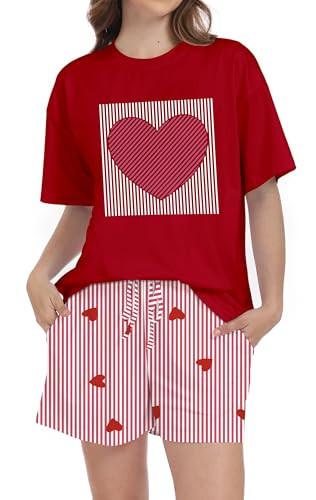 OCURHU Valentine Day Pajamas Women 2 Piece Valentine Pj Sets Cute Heart Printed T-shirts and Striped Plaid Pajama Pants Red 2XL | Amazon (US)