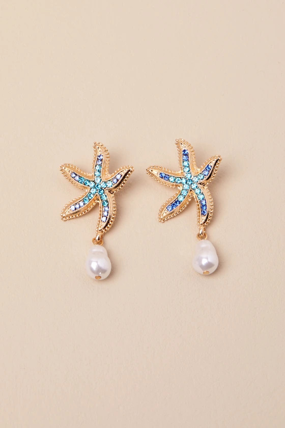 Asterina Blue and Gold Rhinestone Starfish Earrings | Lulus