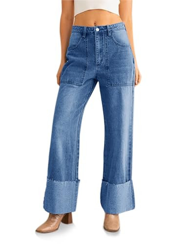 PLNOTME Womens Baggy Cuffed Jeans Casual Straight Leg Boyfriend Denim Pants with Pockets Blue at ... | Amazon (US)