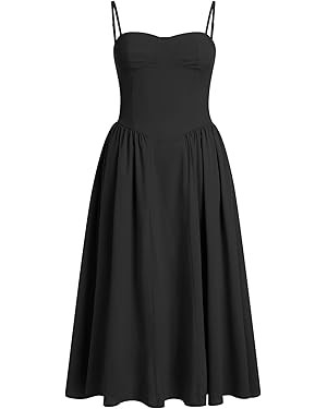 Casual Dresses for Women Boho Spaghetti Strap Corset Midi Dress with Pockets Low Cut Flowy Pleate... | Amazon (US)