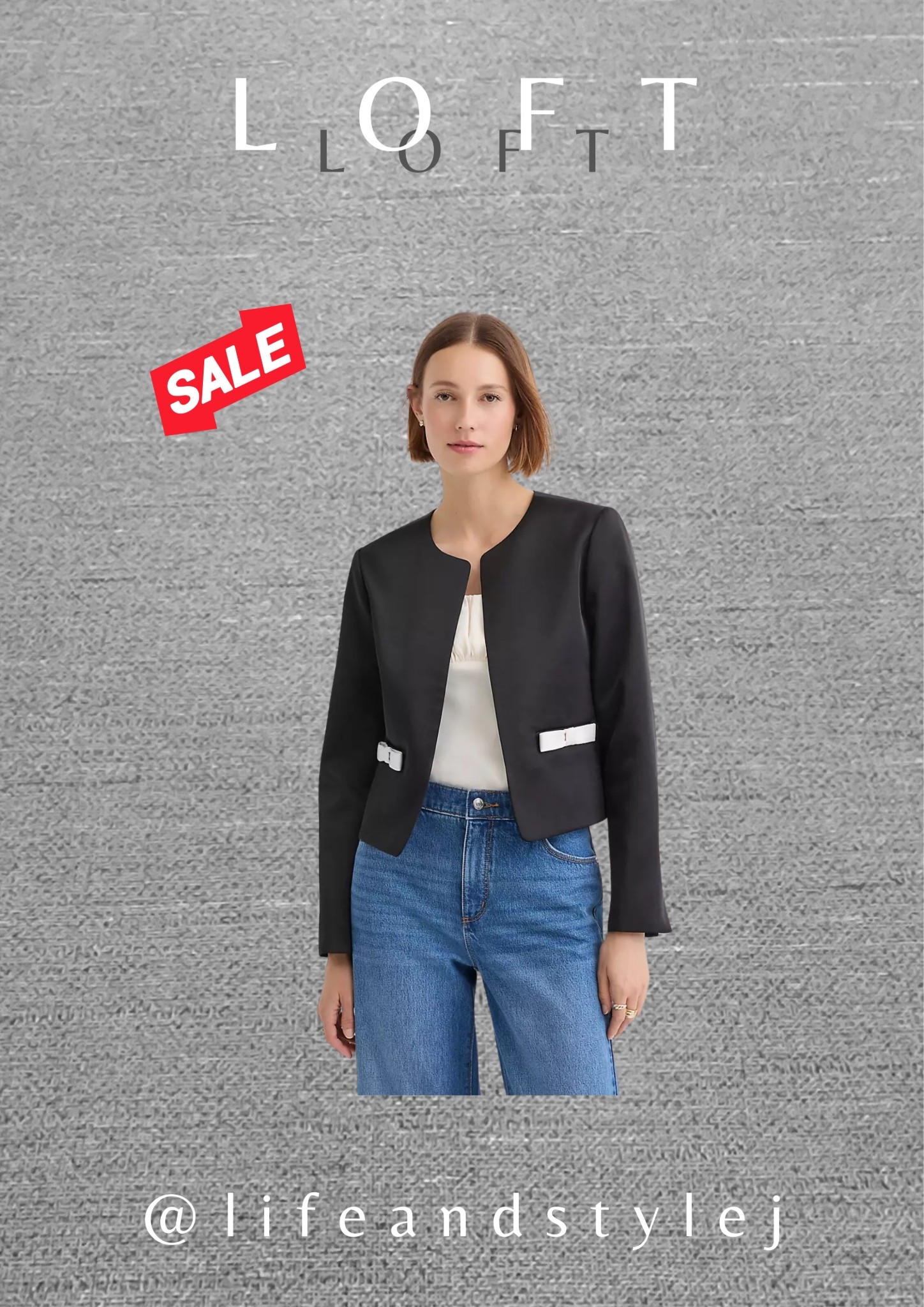 Update your wardrobe with the Loft Satin Bow Pocket Collarless Jacket, on sale now. Style it over a crisp white shirt and tailored trousers for a sophisticated look, or pair it with a graphic tee and distressed denim for a chic, modern vibe. Perfect for midlife women embracing ageless fashion. 
#MidlifeFashion #AgelessStyle #SatinJacket #WomenOver40Style #FallFashionMustHaves 