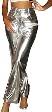 LROSEY Women's Shiny Metallic Holographic Straight Leg Faux Leather Pants with Pockets | Amazon (US)