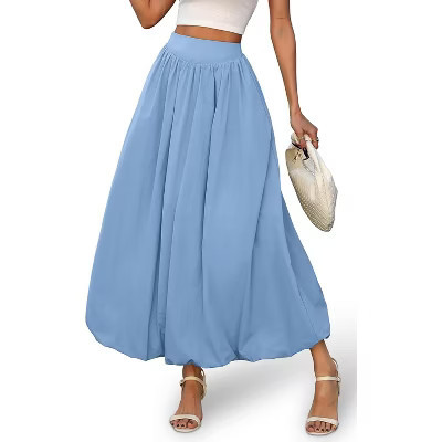 LEVEN SIXTEEN Women's Y2K Bubble Hem Maxi Skirt - Puffy A-Line Long Skirt with Pockets & Elastic Waist Airy Blue Airy Blue Medium | Target