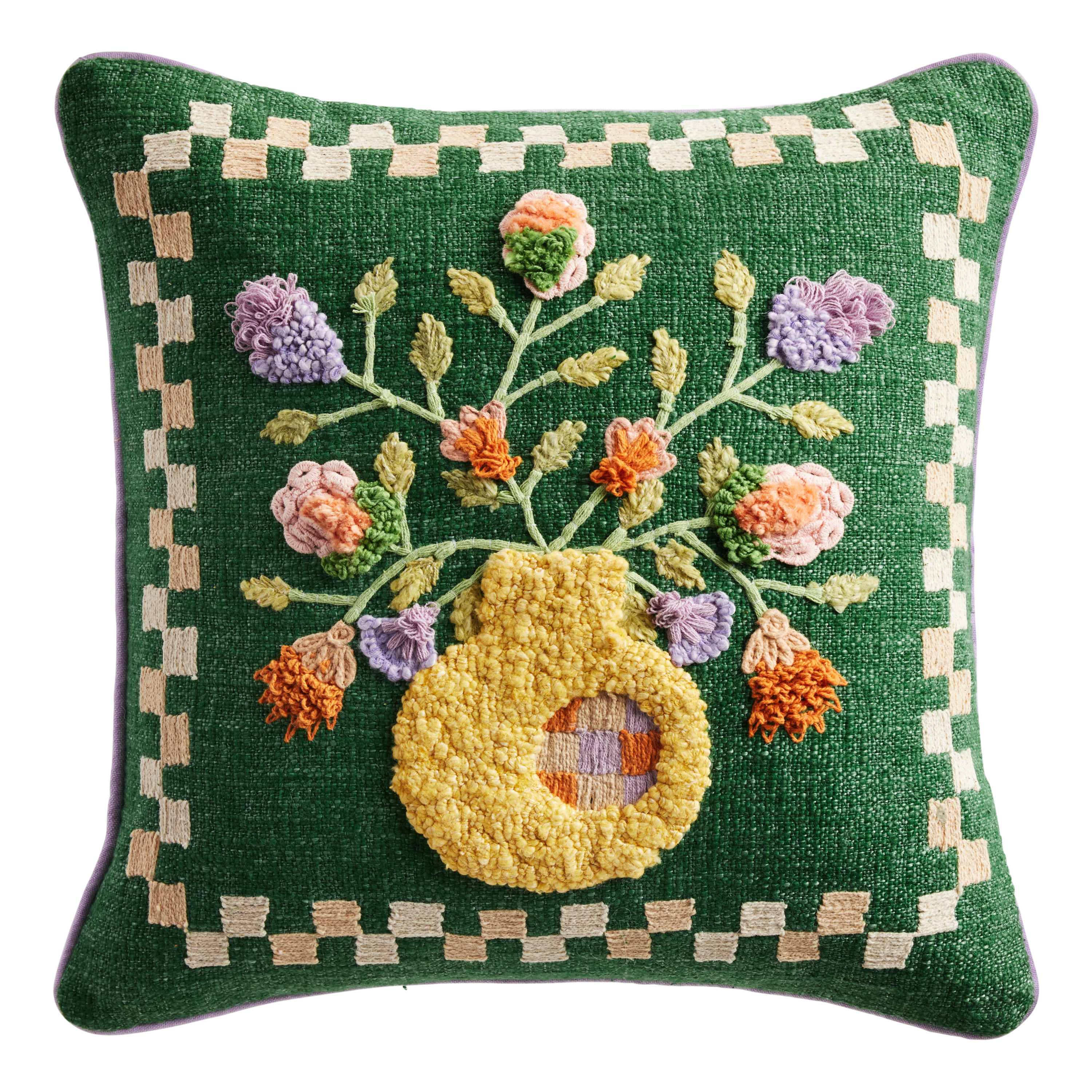 Kelly Green Embroidered Flower Vase Throw Pillow | World Market