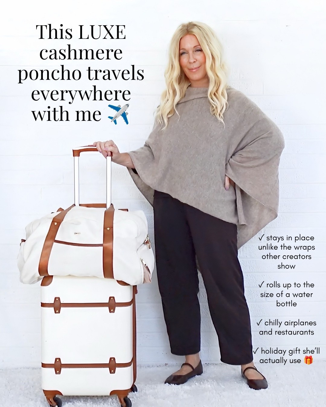 This Luxe cashmere poncho travels everywhere with me. It stays in place unlike the wraps that other creator show. It rolls up to the size of a water bottle so it fits in my purse or a carry-on bag. Makes a great gift as well! ￼

#LTKOver40 #LTKTravel #LTKSeasonal