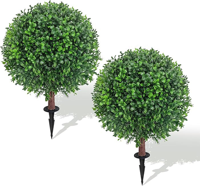 24.8" Artificial Boxwood Topiary Ball Tree with Ground Plugs [Set of 2] UV Protected Artificial S... | Amazon (US)