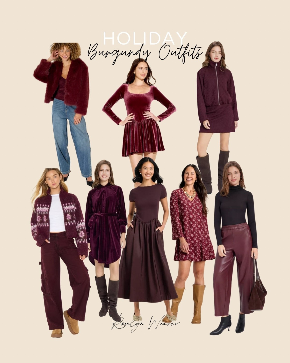 Burgundy outfits perfect for the holiday season 

Fur coat, plaid skirt, velvet mini dress, velvet pants, faux leather pants, holiday sweater cardigan, midi dress, floral dresss

#LTKFindsUnder50 #LTKHoliday #LTKStyleTip
