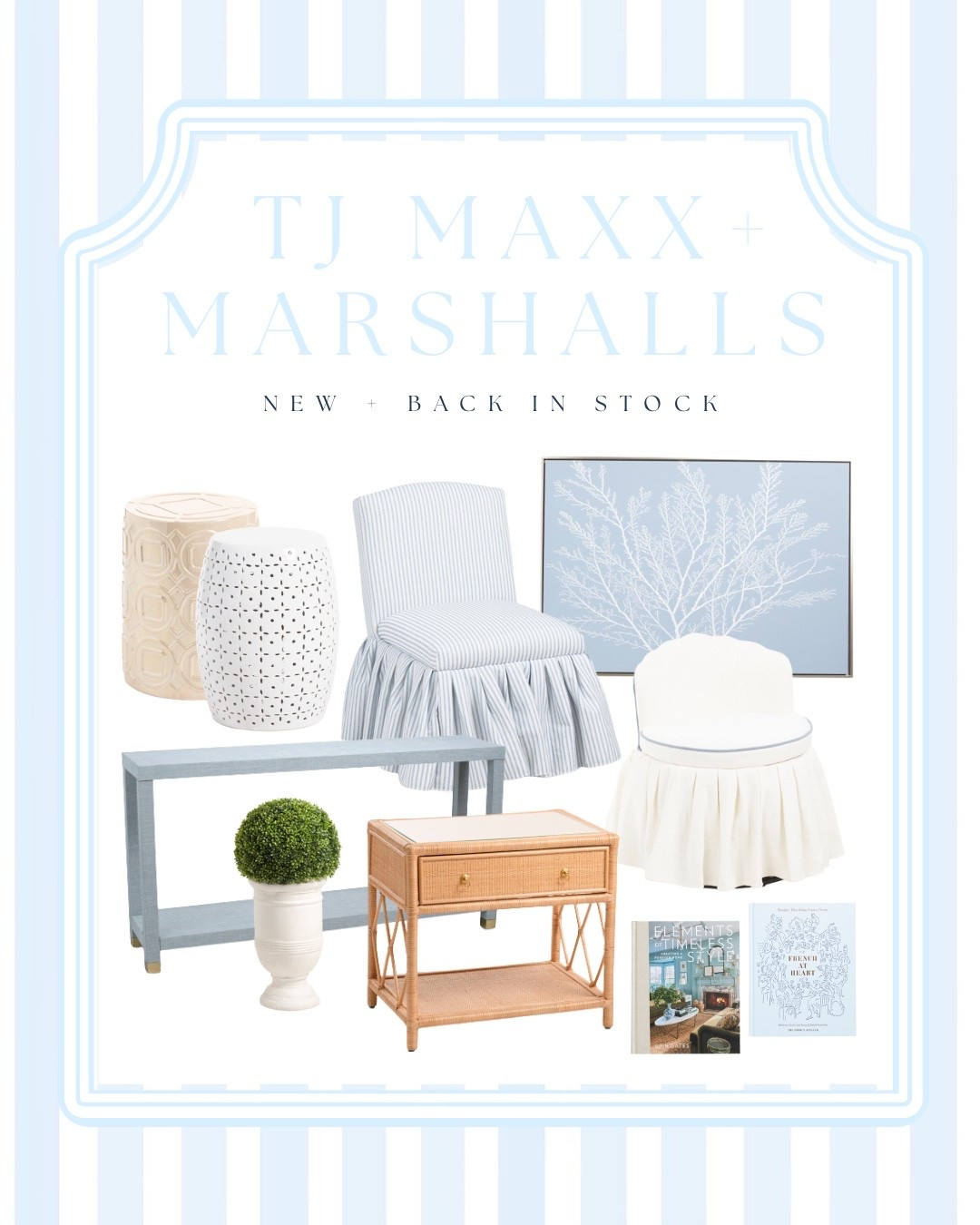 When TJ Maxx & Marshalls understands the classic coastal assignment 🤍
Skirted vanity chairs, grasscloth wrapped console, classic blue & white art, pretty coffee table books, rattan accents, soft blues, and classic whites — all giving high-end coastal style without the high price tag 🏷️ 