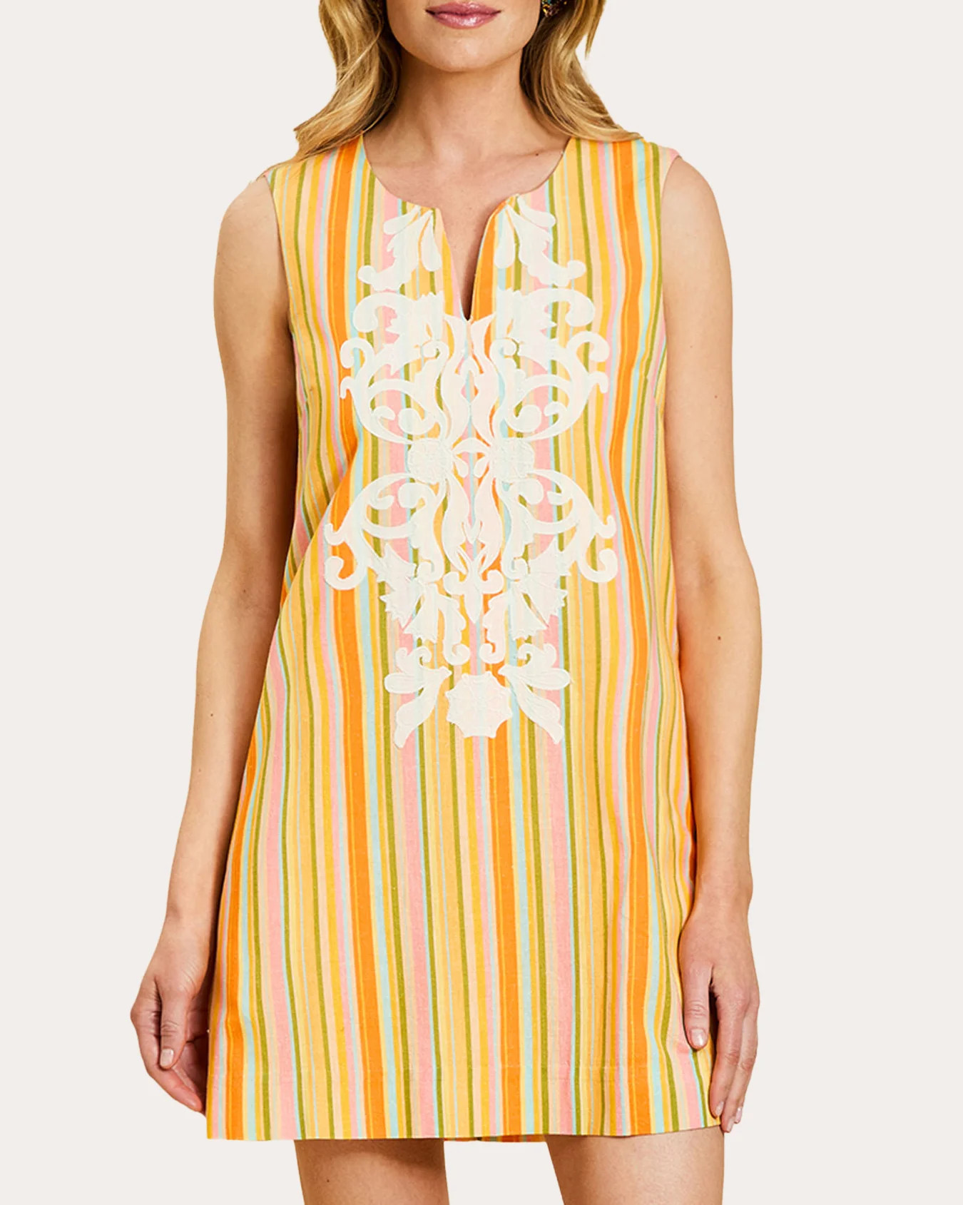 Mestiza Women's Belize Embroidered Stripe Mini Shift Dress in Orange Cotton/Linen | Olivela