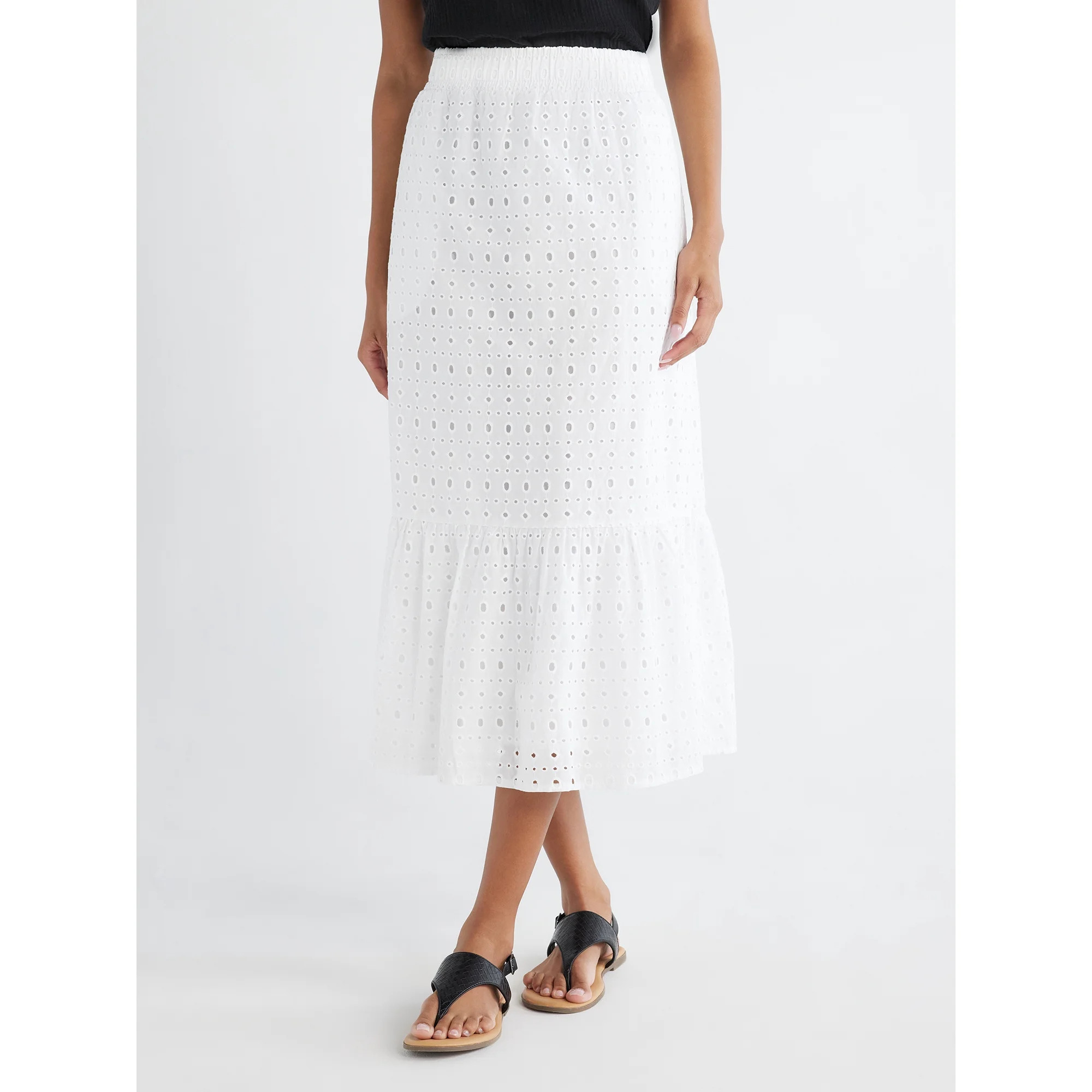 Time and Tru Women's Cotton Eyelet Midi Skirt, Sizes XS-XXXL | Walmart (US)
