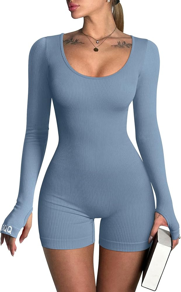 OQQ Women Yoga Rompers Ribbed Workout Long Sleeve Round Neck Exercise Jumpsuits Rompers | Amazon (US)