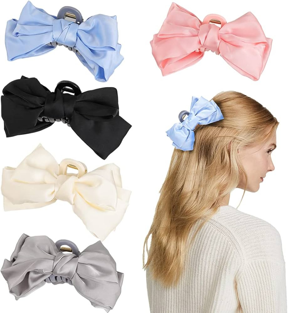 5 PCS Ribbon Silk Bow Tie Hair Claw Clips for Women/Students/Girls 5.5 inch,Elegant retro Thick H... | Amazon (US)
