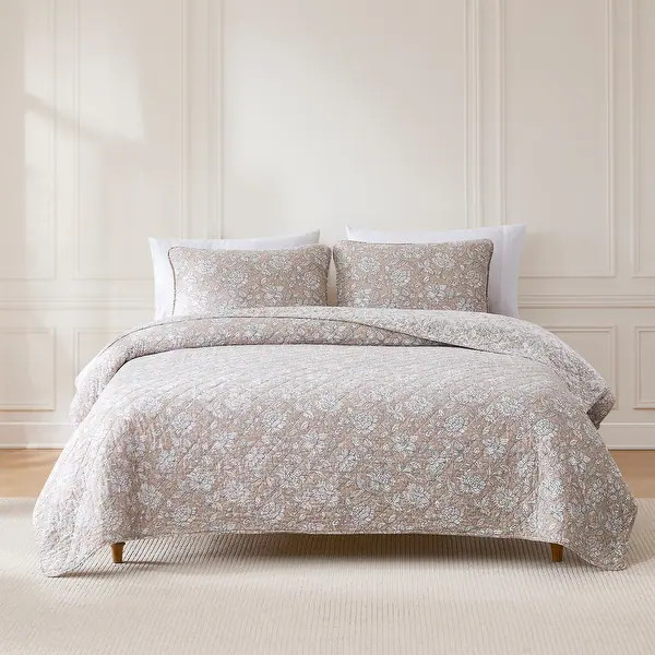 Lush Decor Zara Floral Block Cotton Reversible 3-Piece Quilt Set - Neutral - Full/Queen | Bed Bath & Beyond