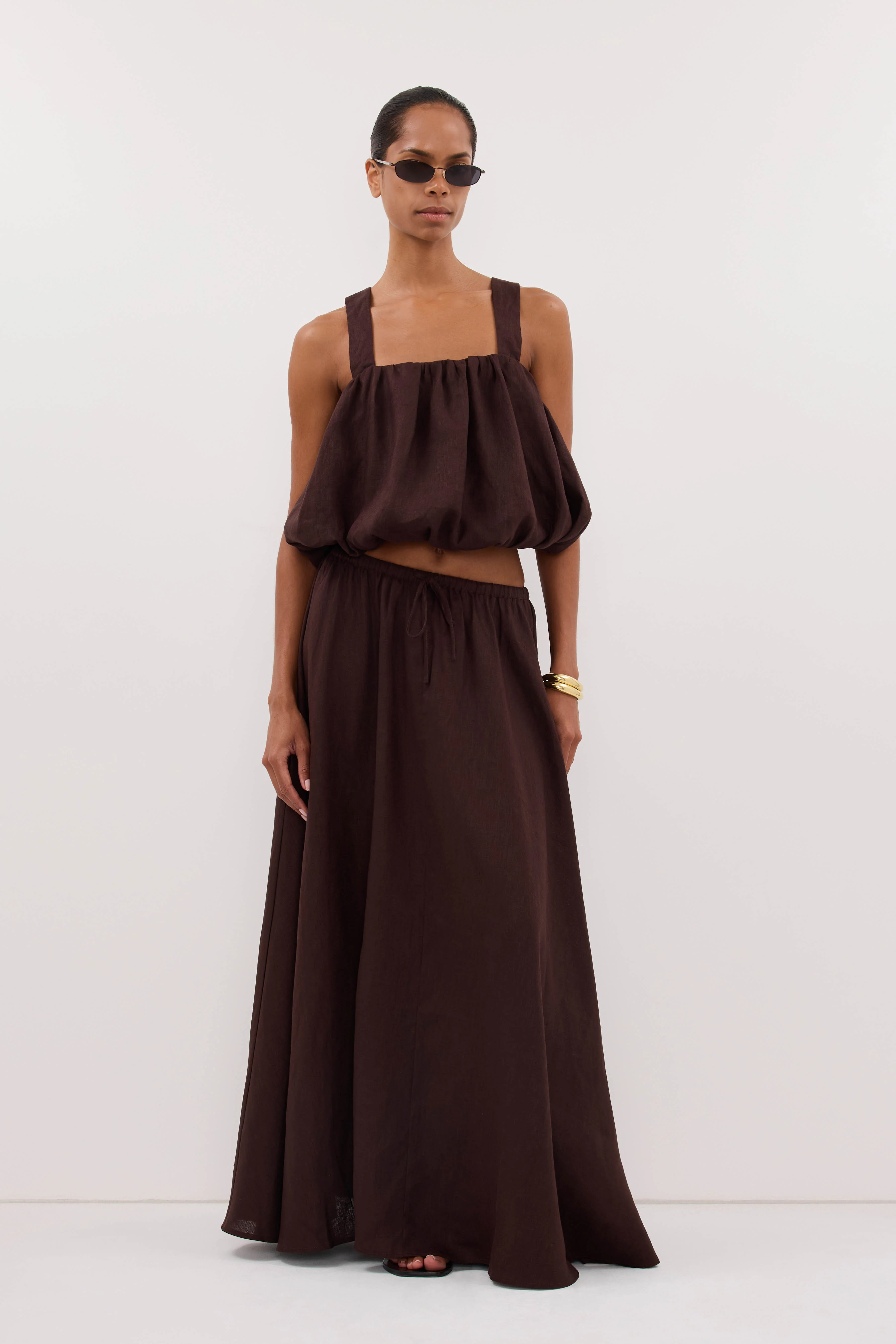 RAVELLO BURNT CHOC LINEN MIDI SKIRT | DISSH