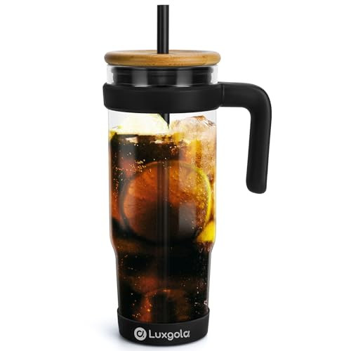 Luxgola 32 oz Glass Tumbler with Handle, Iced Coffee Cup with Bamboo Lid and Straws, Reusable Clear Glass Water Cup With Silicone Bumper - Fits in Car Cup Holder, Dishwasher Safe, BPA Free - Black | Amazon (US)