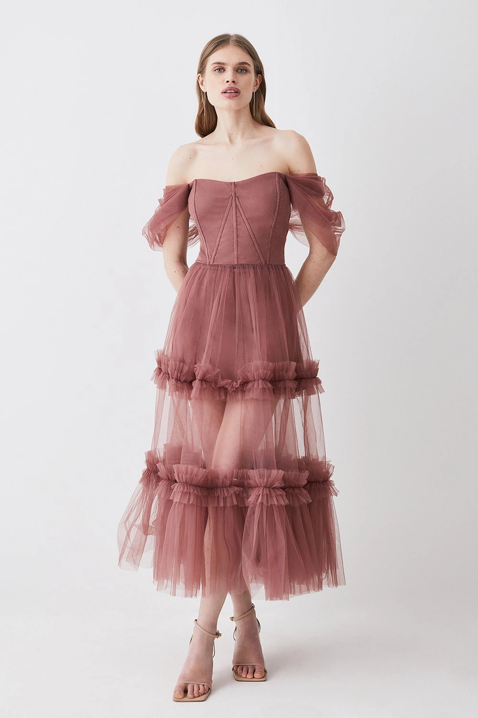 Lydia Millen Corset Detail Tulle Tiered Woven Dress | Karen Millen UK + IE + DE + NL