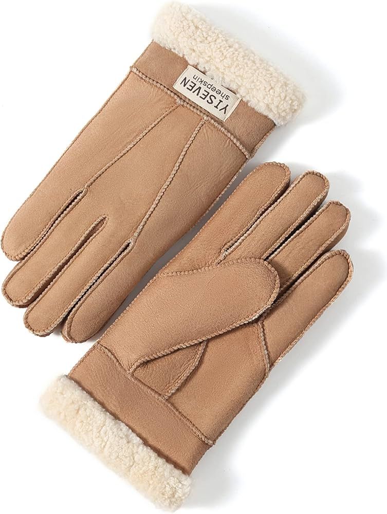 YISEVEN Women's Winter Sheepskin Shearling Leather Gloves Mittens Wool Cuffs | Amazon (US)