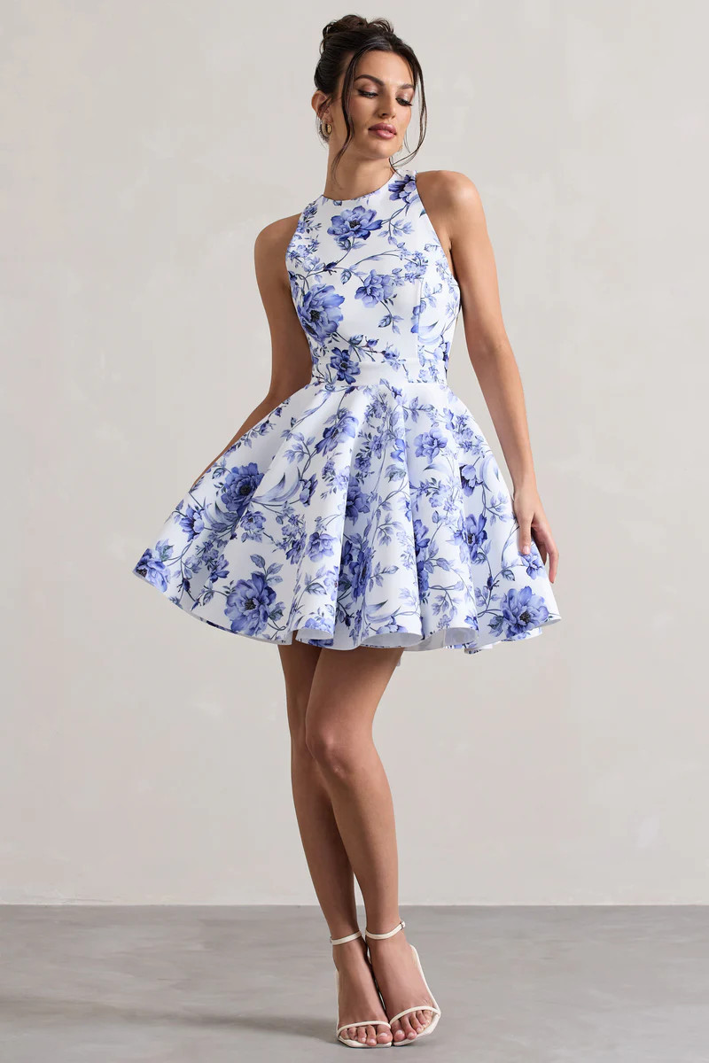 Waverly | Blue Floral Racer-Neck Sleeveless Skater Mini Dress | Club L London