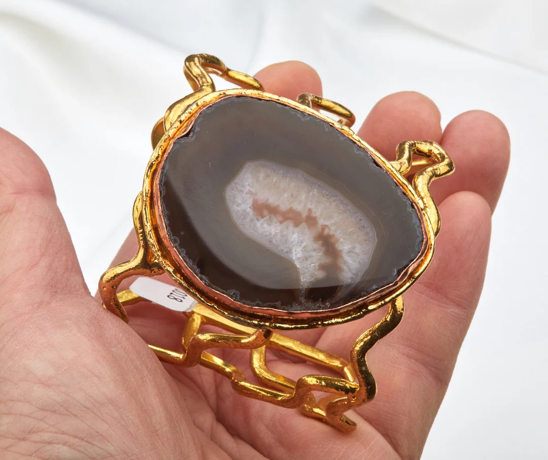 Very Large Sliced Brazilian Agate Cuff With Wavy Brass Wire Framed Band,big Sliced Striated Stone... | Etsy (US)