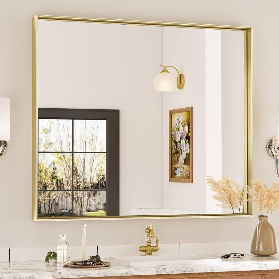 Keonjinn Brushed Gold Bathroom Mirror 42 x 36 Inch Metal Framed Rectangular Wall Mirror Champagne... | Amazon (US)