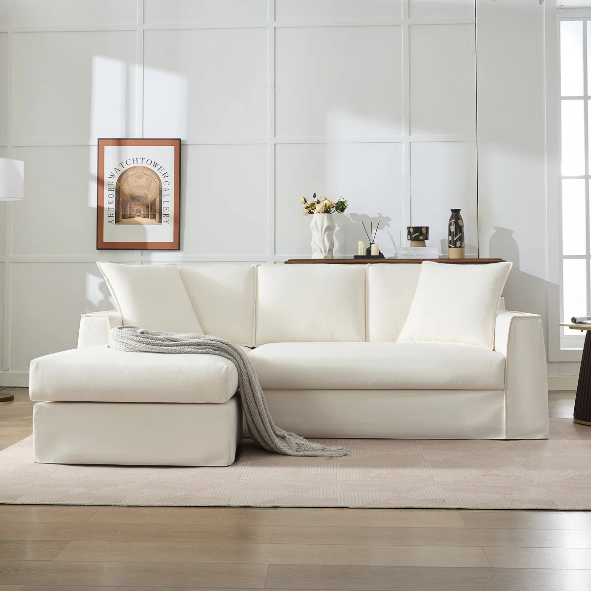 L Shape White Farmhouse Upholstered Slipcovered Sofa With Chaise | Wayfair North America