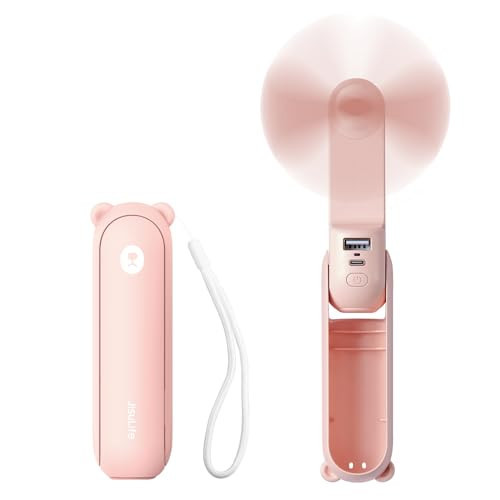 JISULIFE Handheld Mini Fan, 3 IN 1 USB Rechargeable Portable Fan [12-19 Working Hours] with Power Bank, Flashlight, Pocket Design for Travel/Summer/Concerts/Lash, Gifts for Women (Pink) | Amazon (US)
