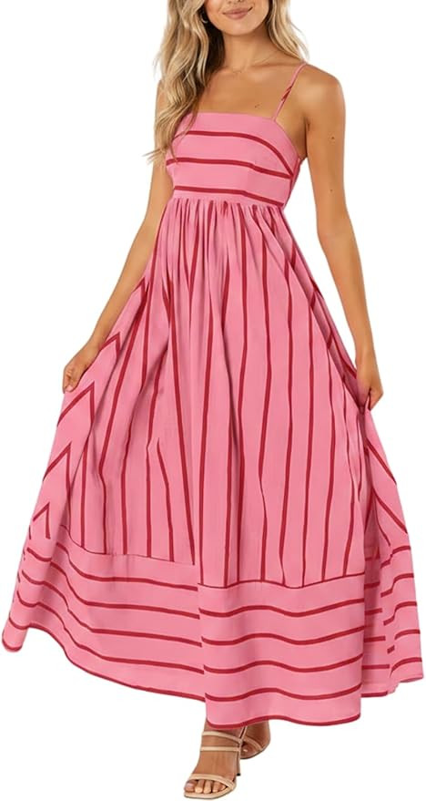 yoeasy Women's Striped Spaghetti Strap Cutout Maxi Dress Sleeveless Backless Flowy Swing Long Dre... | Amazon (US)