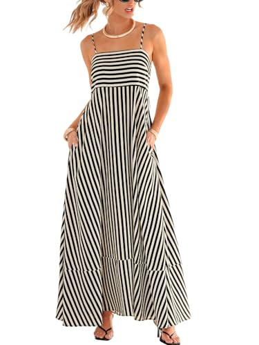 CUPSHE Women Square Neck Maxi Dress with Pockets Black Beige Striped, XL | Amazon (US)