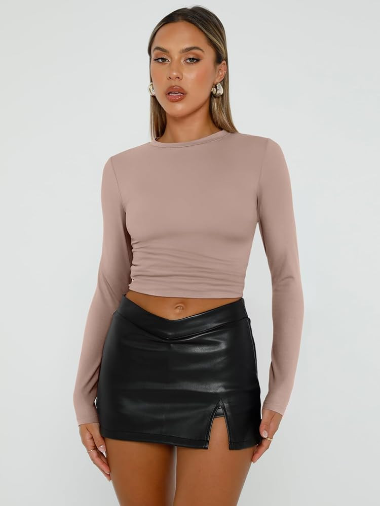 Trendy Queen Womens Long Sleeve Shirts Basic Crop Tops Tight Slim Fit Cute Teen Girls Fall Winter... | Amazon (US)